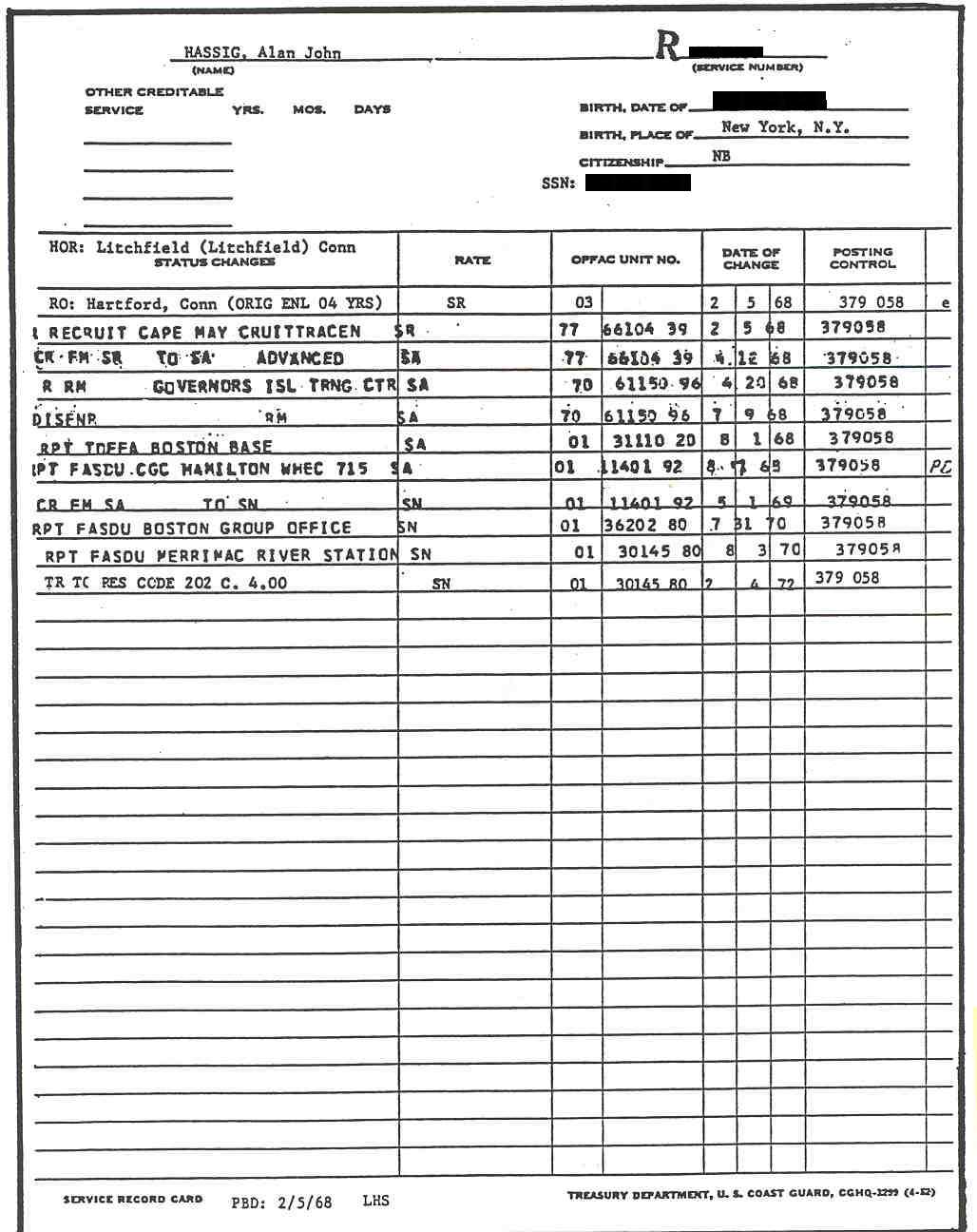 Sample Of Service Record Card From Coast Guard Enlisted Record